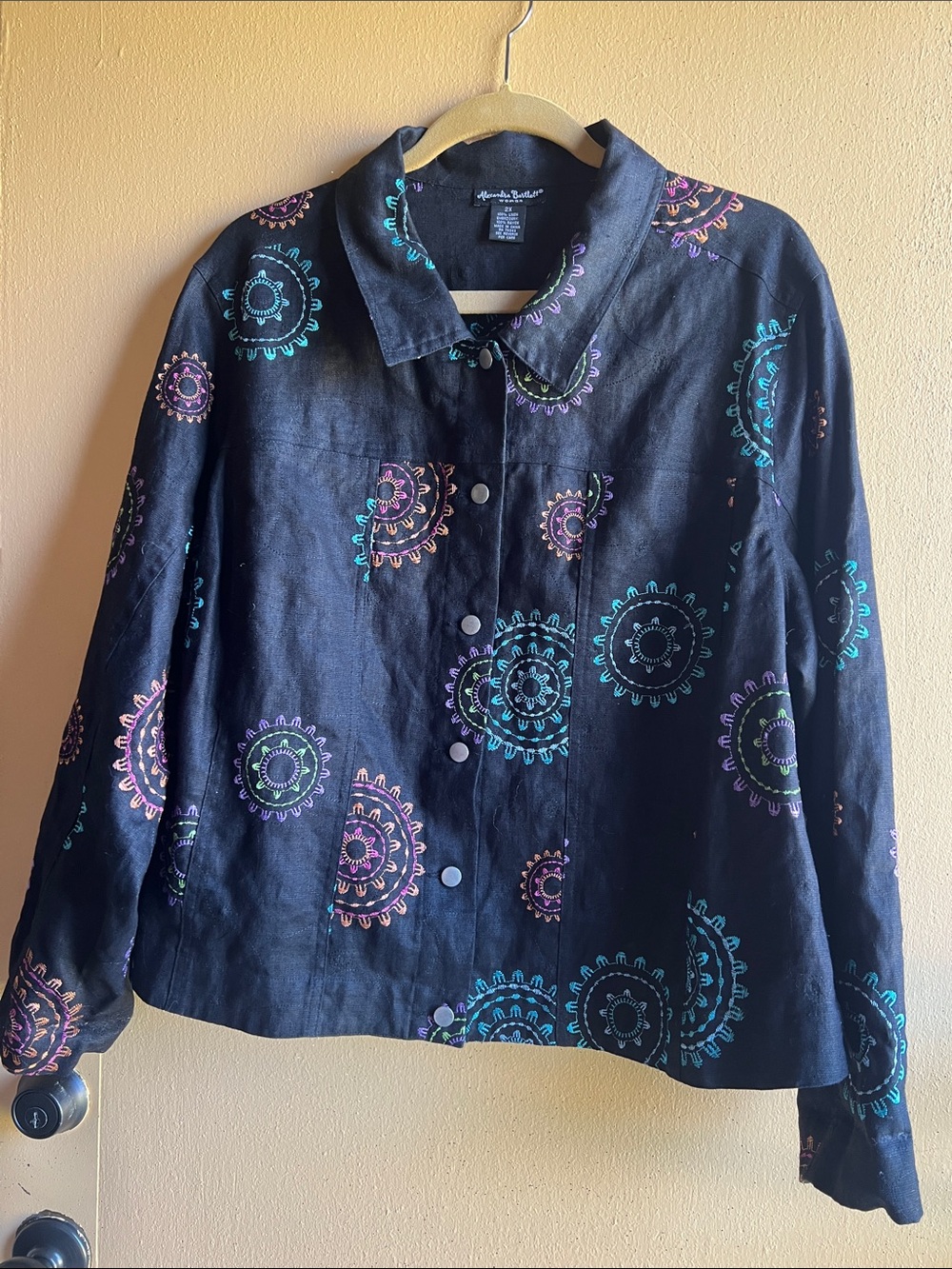 Alexandra Bartlett Black Jacket with Teal and Purple Medallion Print